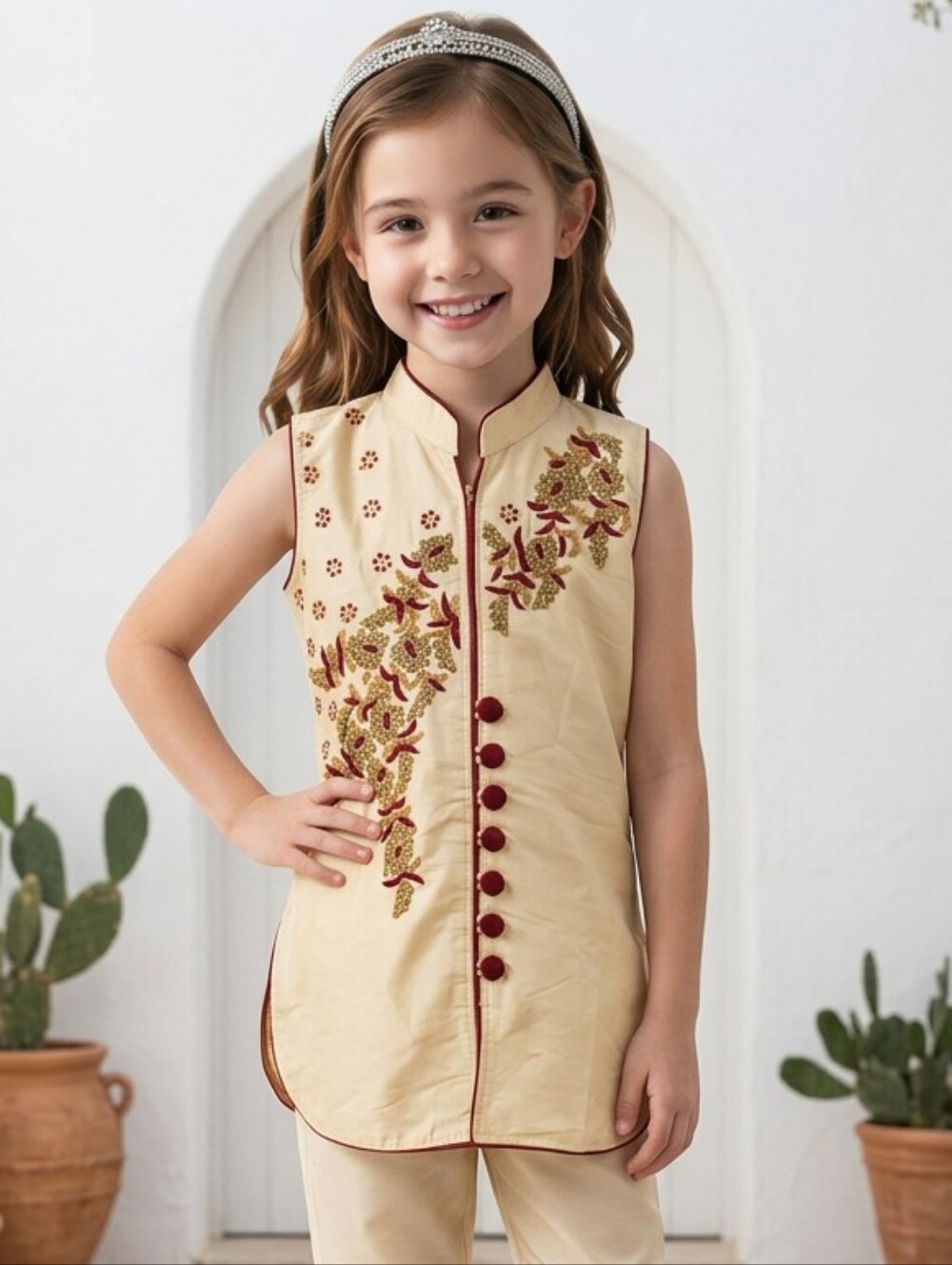 Barbo Girls Gold Embroidered Kurta Tunic Indian Pakistani Kameez Size 26 Medium